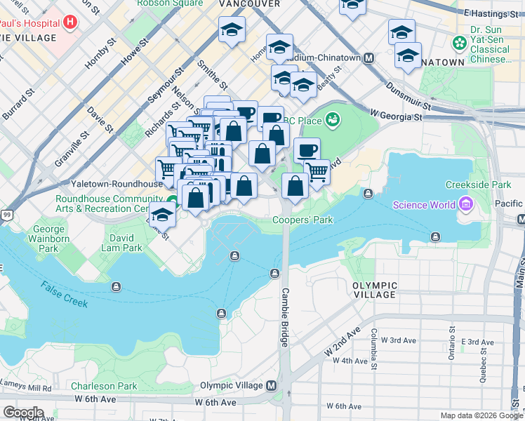 map of restaurants, bars, coffee shops, grocery stores, and more near 1033 Marinaside Crescent in Vancouver