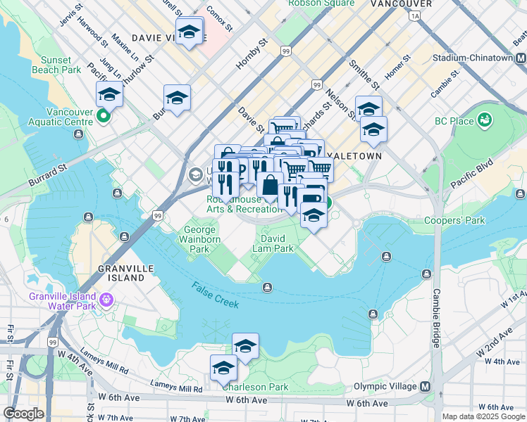 map of restaurants, bars, coffee shops, grocery stores, and more near 1388 Homer Street in Vancouver