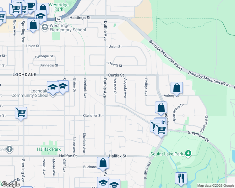 map of restaurants, bars, coffee shops, grocery stores, and more near 1146 Yorston Court in Burnaby
