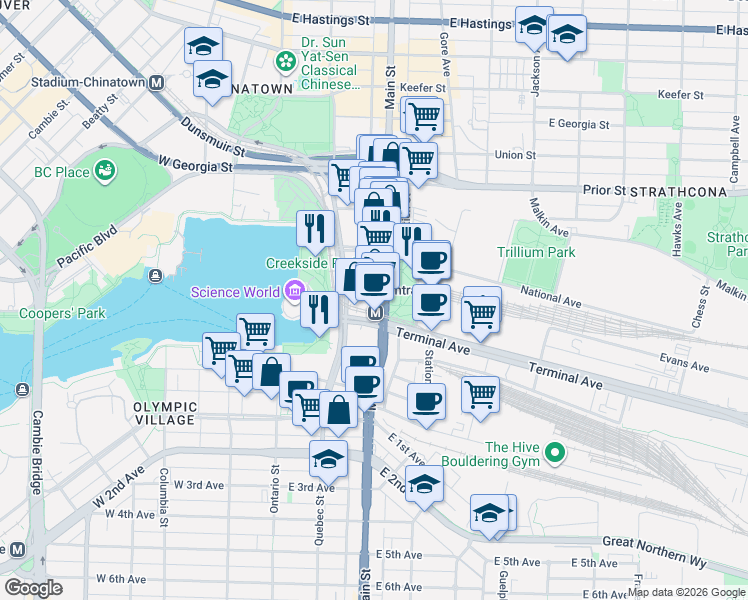 map of restaurants, bars, coffee shops, grocery stores, and more near 1255 Main Street in Vancouver
