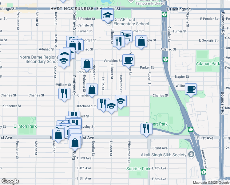 map of restaurants, bars, coffee shops, grocery stores, and more near 3119 Charles Street in Vancouver