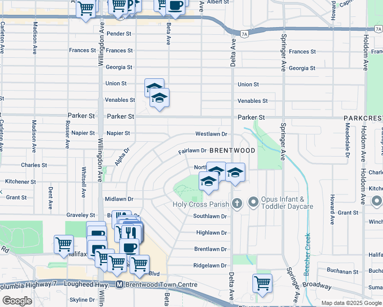 map of restaurants, bars, coffee shops, grocery stores, and more near 4810 Fairlawn Drive in Burnaby