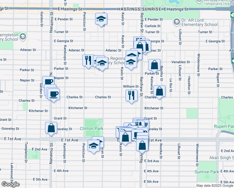 map of restaurants, bars, coffee shops, grocery stores, and more near 2781 Charles Street in Vancouver