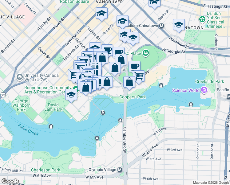 map of restaurants, bars, coffee shops, grocery stores, and more near 1033 Marinaside Crescent in Vancouver