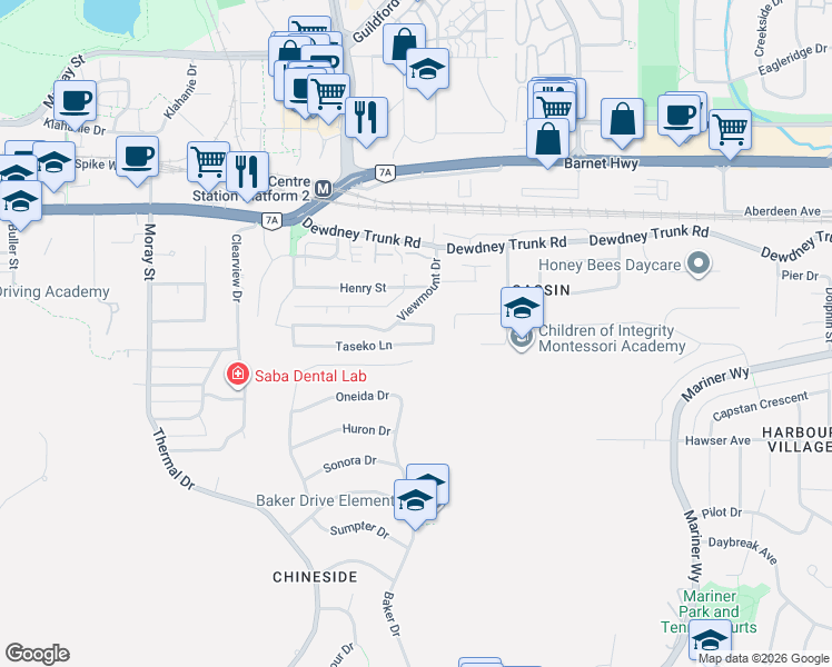 map of restaurants, bars, coffee shops, grocery stores, and more near 3363 Viewmount Place in Port Moody