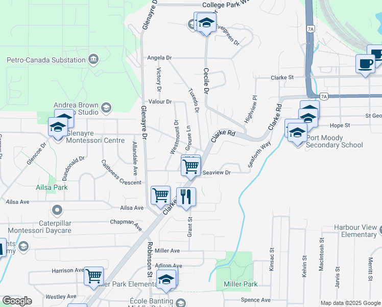 map of restaurants, bars, coffee shops, grocery stores, and more near 941 Tuxedo Drive in Port Moody