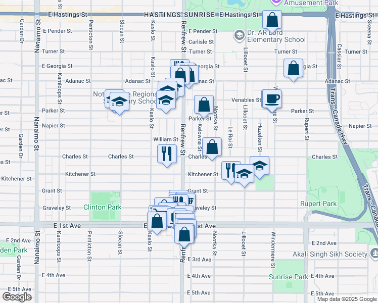 map of restaurants, bars, coffee shops, grocery stores, and more near 2915 Charles Street in Vancouver