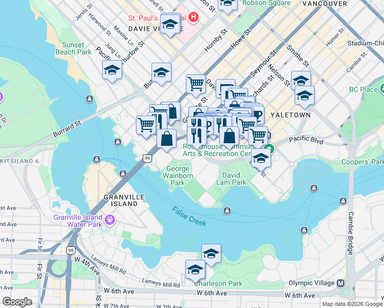map of restaurants, bars, coffee shops, grocery stores, and more near 1495 Richards Street in Vancouver