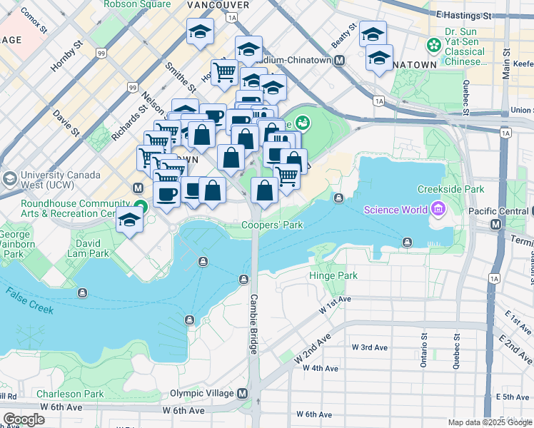 map of restaurants, bars, coffee shops, grocery stores, and more near 980 Cooperage Way in Vancouver
