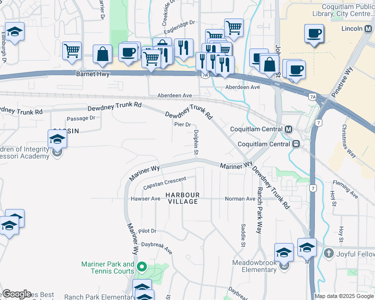 map of restaurants, bars, coffee shops, grocery stores, and more near 3216 Bosun Place in Coquitlam