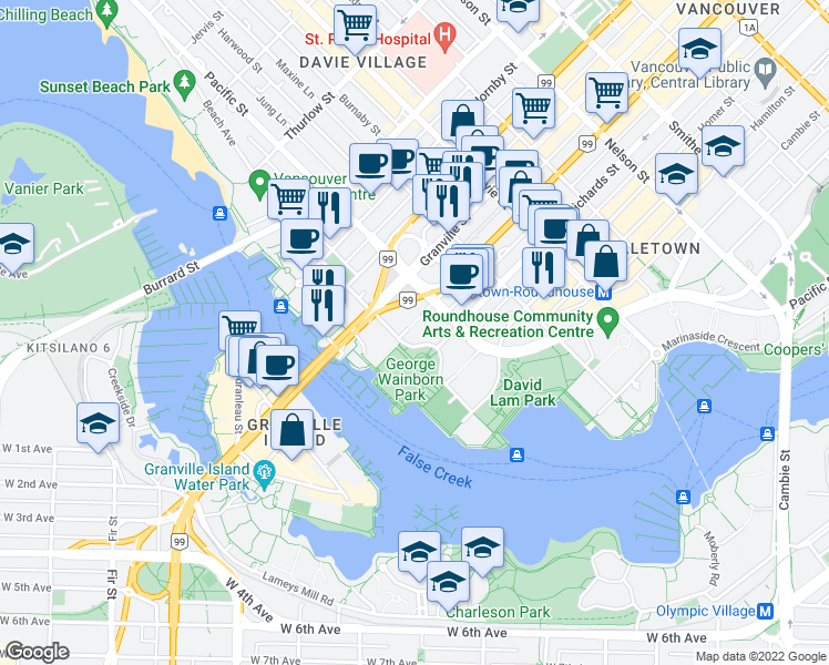 map of restaurants, bars, coffee shops, grocery stores, and more near 567 Beach Crescent in Vancouver