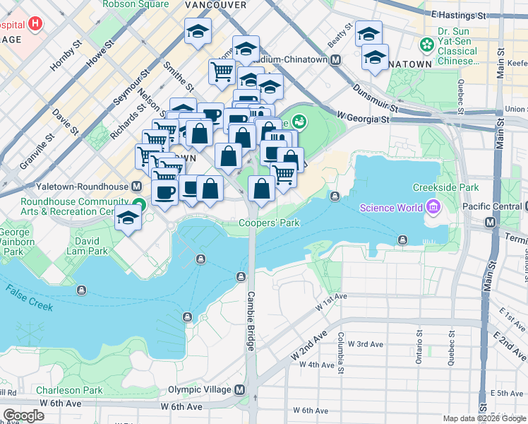 map of restaurants, bars, coffee shops, grocery stores, and more near 980 Cooperage Way in Vancouver