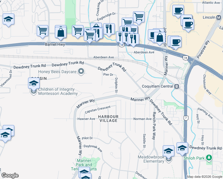 map of restaurants, bars, coffee shops, grocery stores, and more near 3216 Bosun Place in Coquitlam