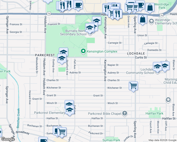 map of restaurants, bars, coffee shops, grocery stores, and more near 6285 Aubrey Street in Burnaby