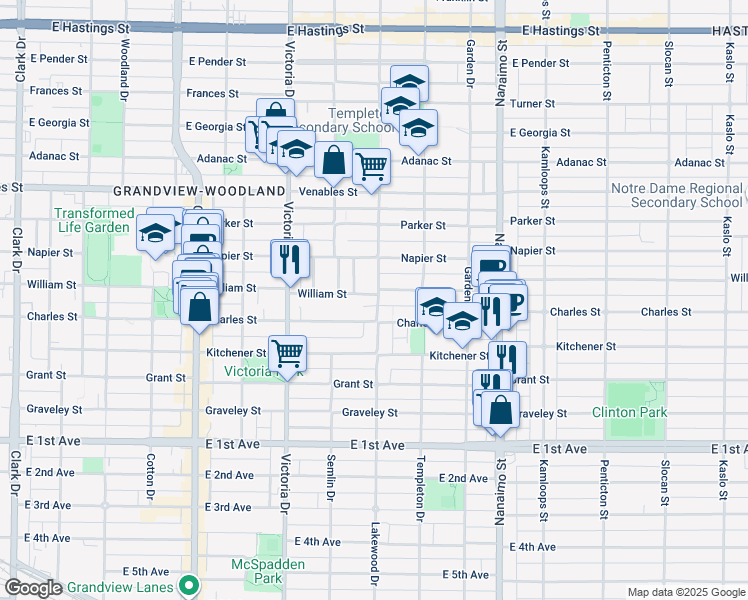 map of restaurants, bars, coffee shops, grocery stores, and more near in Vancouver