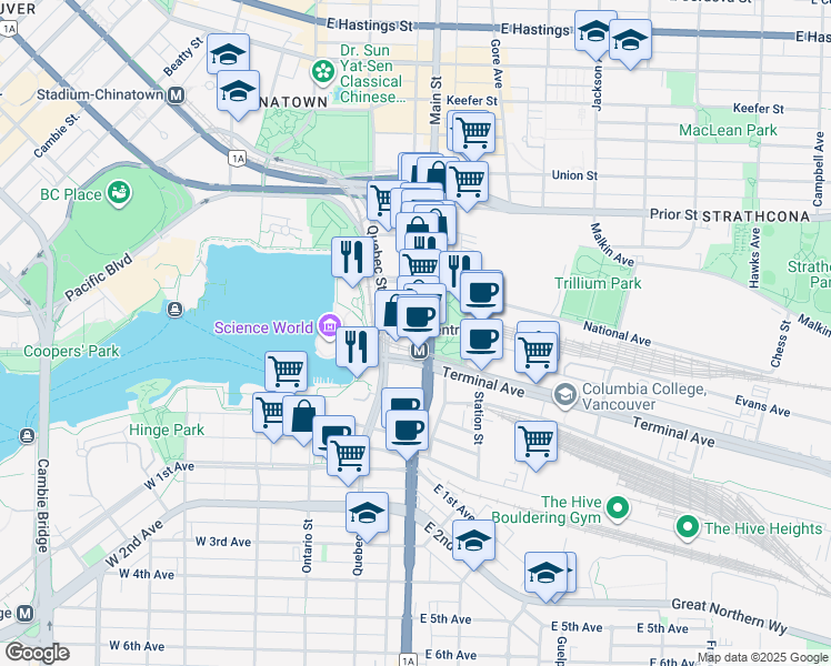 map of restaurants, bars, coffee shops, grocery stores, and more near in Vancouver