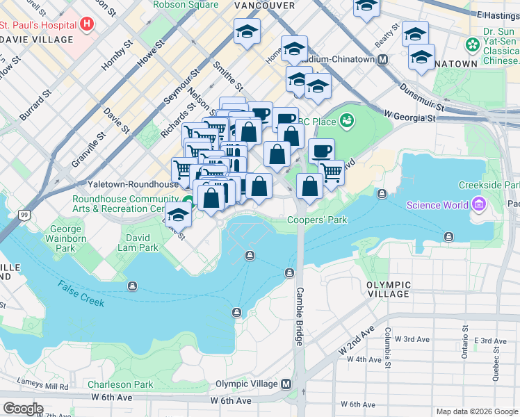 map of restaurants, bars, coffee shops, grocery stores, and more near 1067 Marinaside Crescent in Vancouver