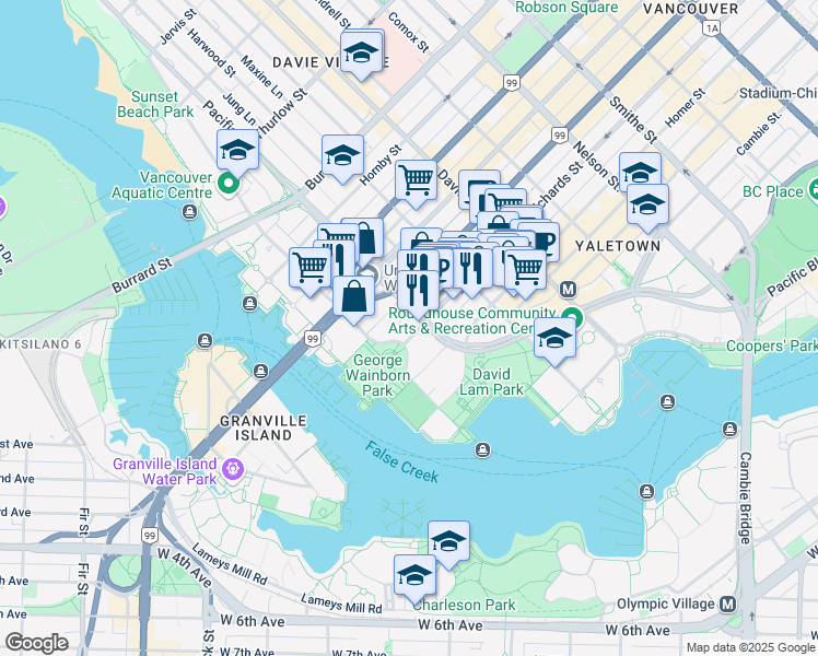 map of restaurants, bars, coffee shops, grocery stores, and more near in Vancouver