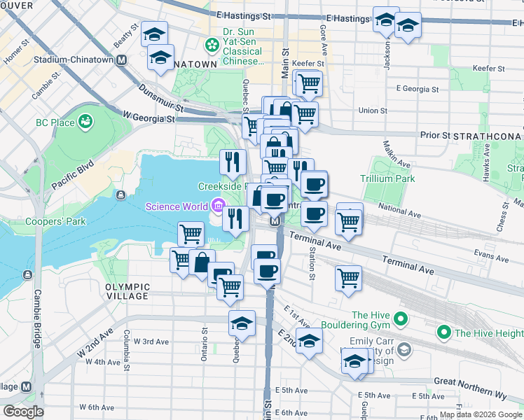 map of restaurants, bars, coffee shops, grocery stores, and more near 1268 Quebec Street in Vancouver