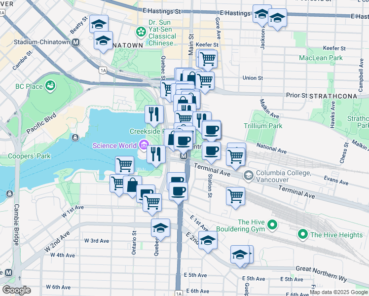 map of restaurants, bars, coffee shops, grocery stores, and more near 1255 Main Street in Vancouver