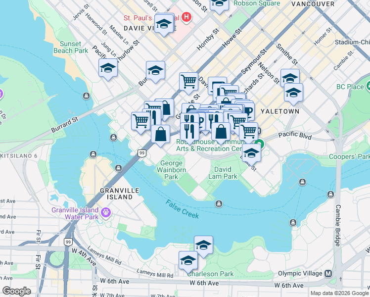 map of restaurants, bars, coffee shops, grocery stores, and more near 1495 Richards Street in Vancouver