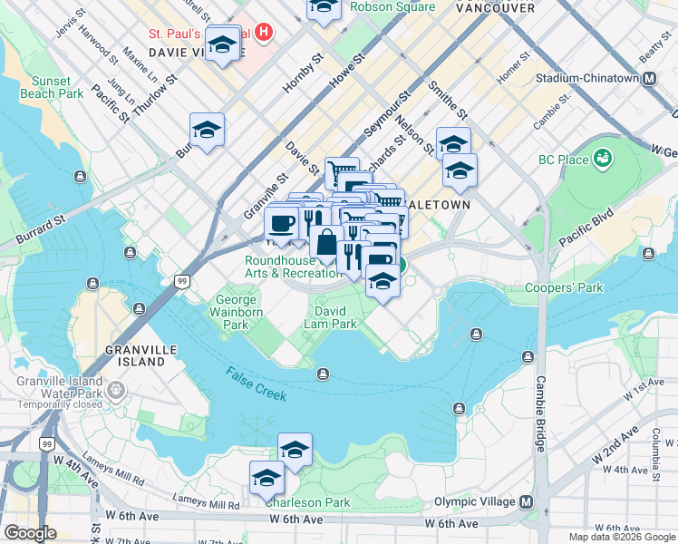 map of restaurants, bars, coffee shops, grocery stores, and more near 388 Drake Street in Vancouver