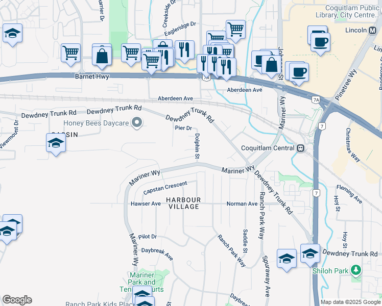 map of restaurants, bars, coffee shops, grocery stores, and more near 3220 Bosun Place in Coquitlam