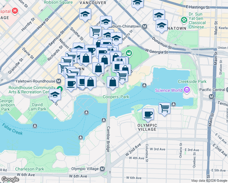 map of restaurants, bars, coffee shops, grocery stores, and more near in Vancouver