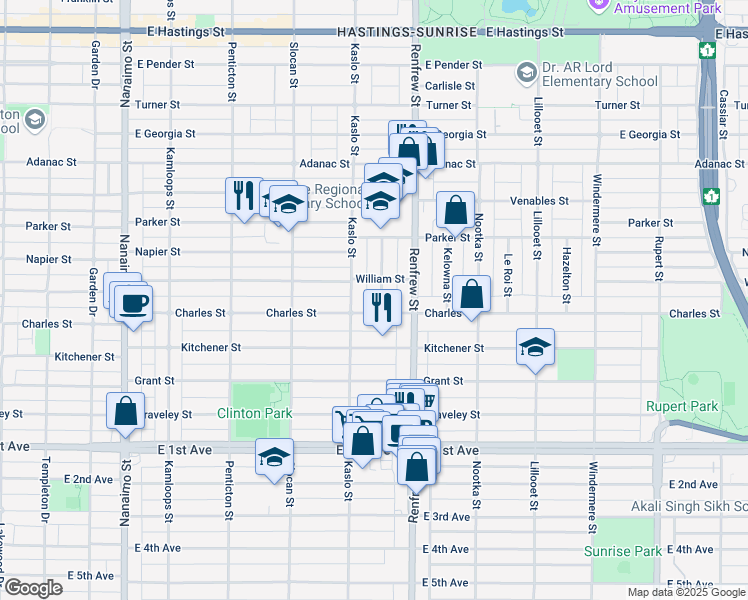 map of restaurants, bars, coffee shops, grocery stores, and more near 1275 Rossland Street in Vancouver