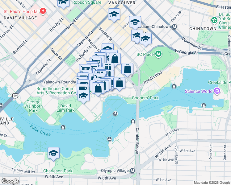 map of restaurants, bars, coffee shops, grocery stores, and more near 1077 Marinaside Crescent in Vancouver