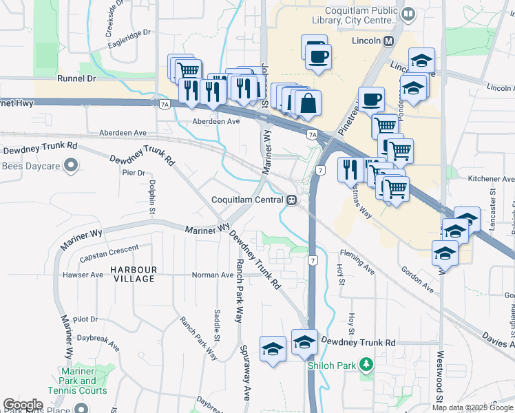 map of restaurants, bars, coffee shops, grocery stores, and more near 1122 Wallace Court in Coquitlam