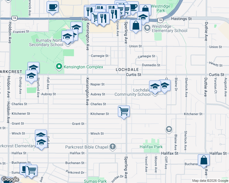 map of restaurants, bars, coffee shops, grocery stores, and more near 6661 Aubrey Street in Burnaby