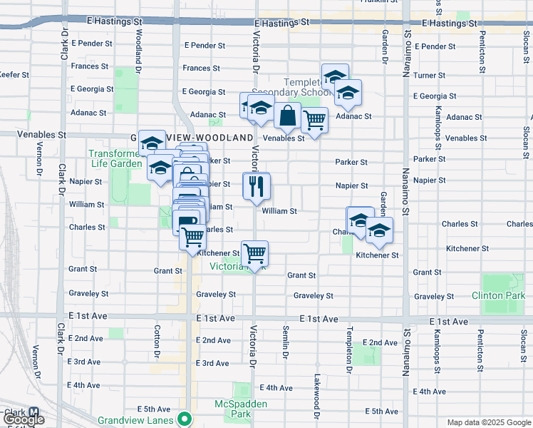 map of restaurants, bars, coffee shops, grocery stores, and more near 1926 William Street in Vancouver