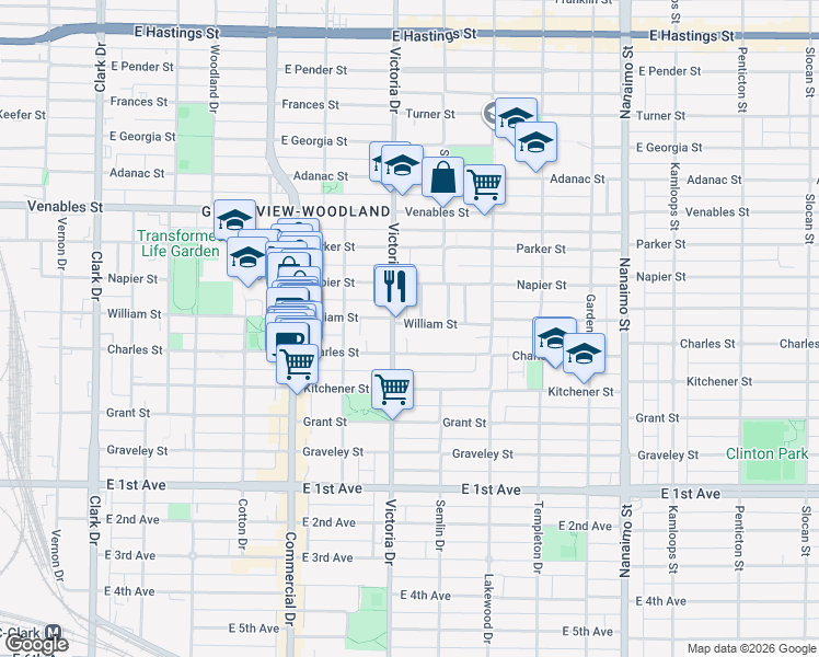 map of restaurants, bars, coffee shops, grocery stores, and more near 1924 William Street in Vancouver
