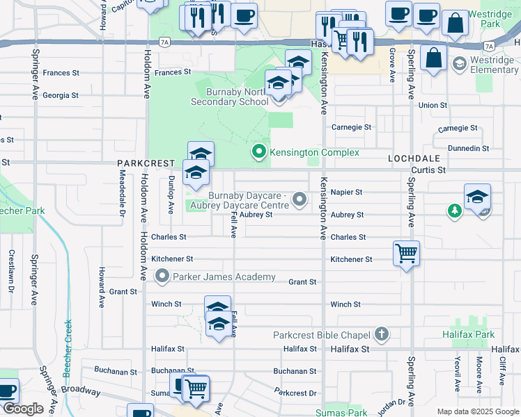 map of restaurants, bars, coffee shops, grocery stores, and more near 6173 Aubrey Street in Burnaby