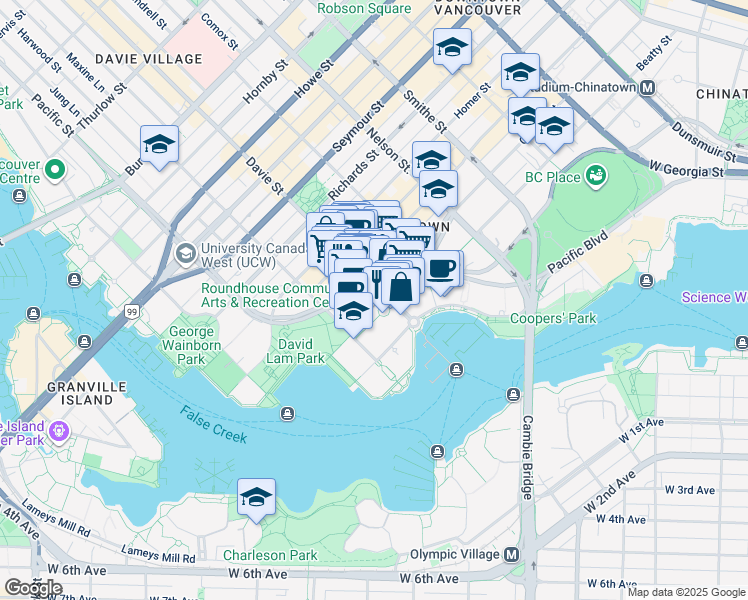 map of restaurants, bars, coffee shops, grocery stores, and more near 1200 Pacific Boulevard in Vancouver
