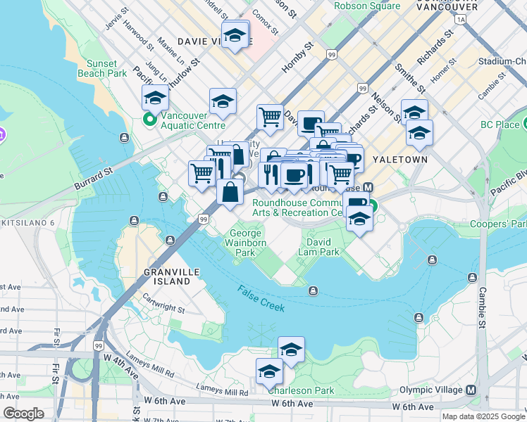 map of restaurants, bars, coffee shops, grocery stores, and more near 1495 Richards Street in Vancouver