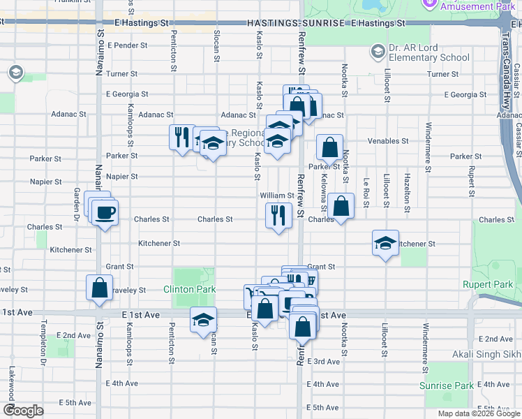 map of restaurants, bars, coffee shops, grocery stores, and more near 1278 Kaslo Street in Vancouver