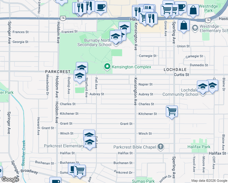 map of restaurants, bars, coffee shops, grocery stores, and more near 6285 Aubrey Street in Burnaby