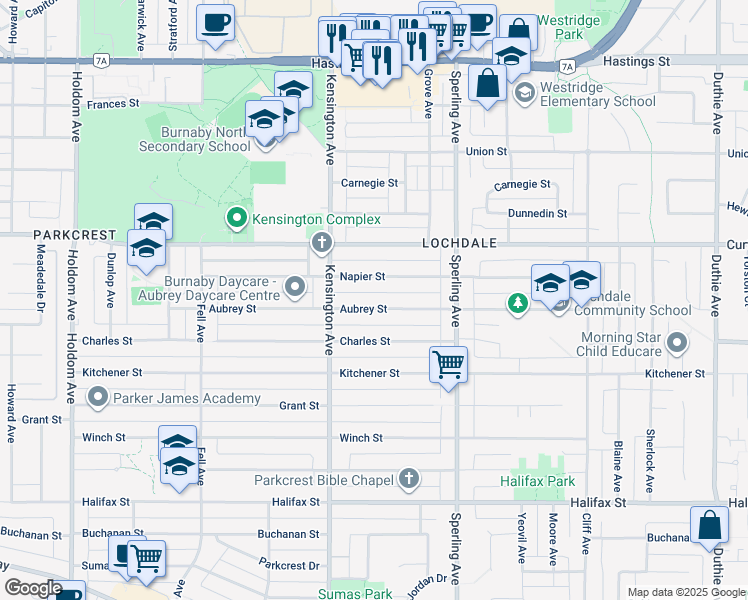 map of restaurants, bars, coffee shops, grocery stores, and more near 6577 Aubrey Street in Burnaby