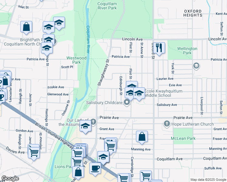 map of restaurants, bars, coffee shops, grocery stores, and more near 3380 Glasgow Street in Port Coquitlam