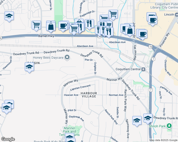 map of restaurants, bars, coffee shops, grocery stores, and more near 3208 Bosun Place in Coquitlam
