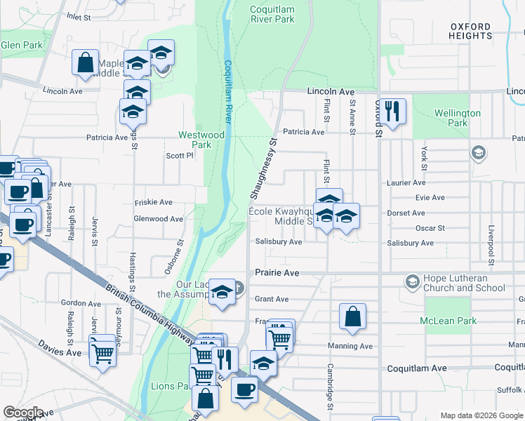 map of restaurants, bars, coffee shops, grocery stores, and more near 3352 Shaughnessy Street in Port Coquitlam