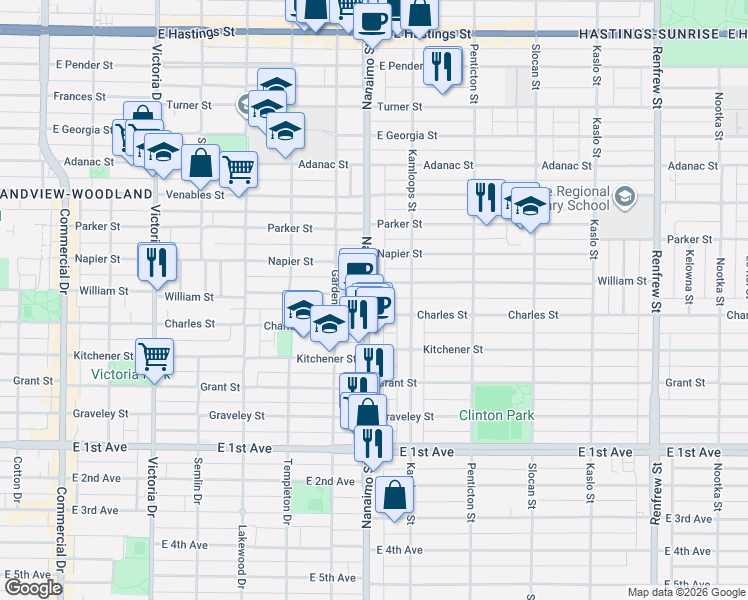 map of restaurants, bars, coffee shops, grocery stores, and more near 1235 Nanaimo Street in Vancouver
