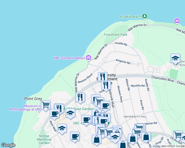 map of restaurants, bars, coffee shops, grocery stores, and more near 5988 Newton Wynd in Vancouver