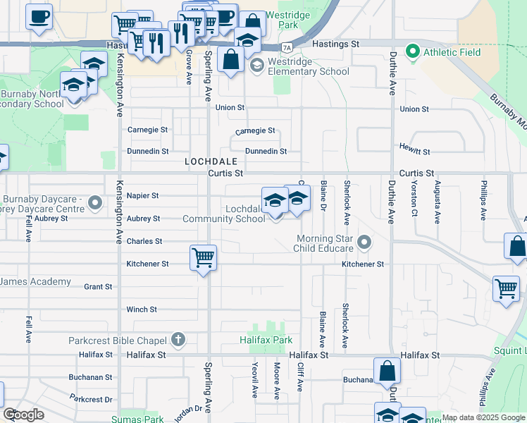 map of restaurants, bars, coffee shops, grocery stores, and more near 6885 Aubrey Street in Burnaby