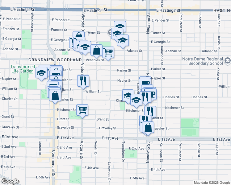 map of restaurants, bars, coffee shops, grocery stores, and more near 2130 William Street in Vancouver