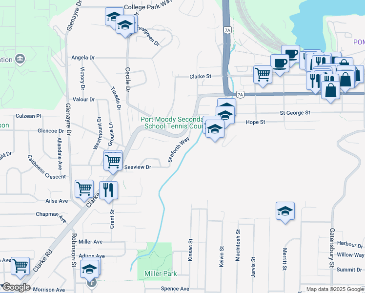 map of restaurants, bars, coffee shops, grocery stores, and more near 988 Seaforth Way in Port Moody