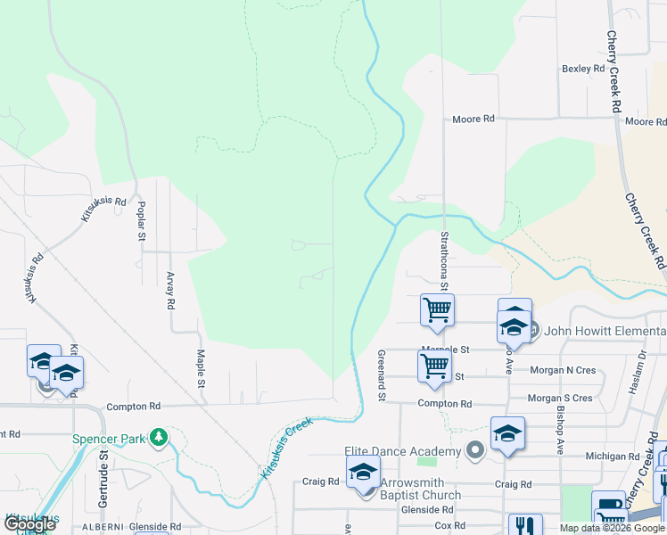 map of restaurants, bars, coffee shops, grocery stores, and more near 5625 Willow Road in Port Alberni