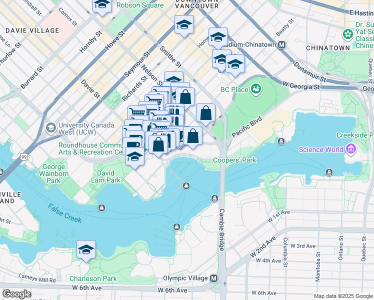 map of restaurants, bars, coffee shops, grocery stores, and more near 1077 Marinaside Crescent in Vancouver